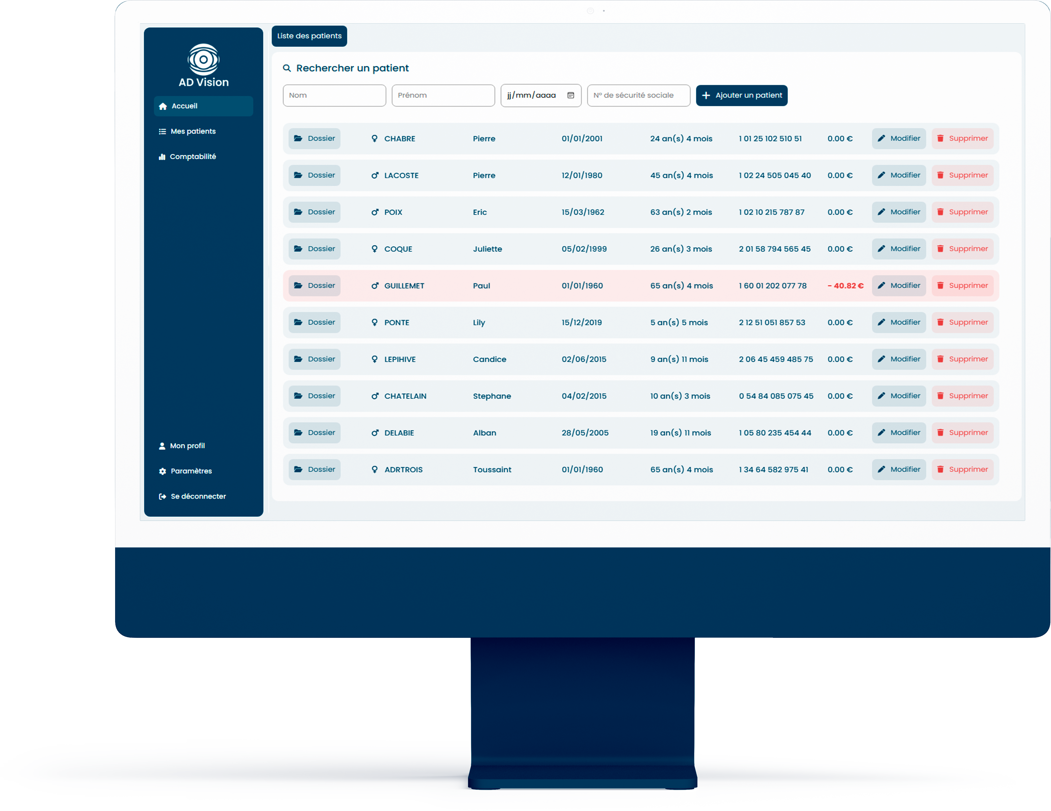 Interface de gestion des patients sur Mac Display
