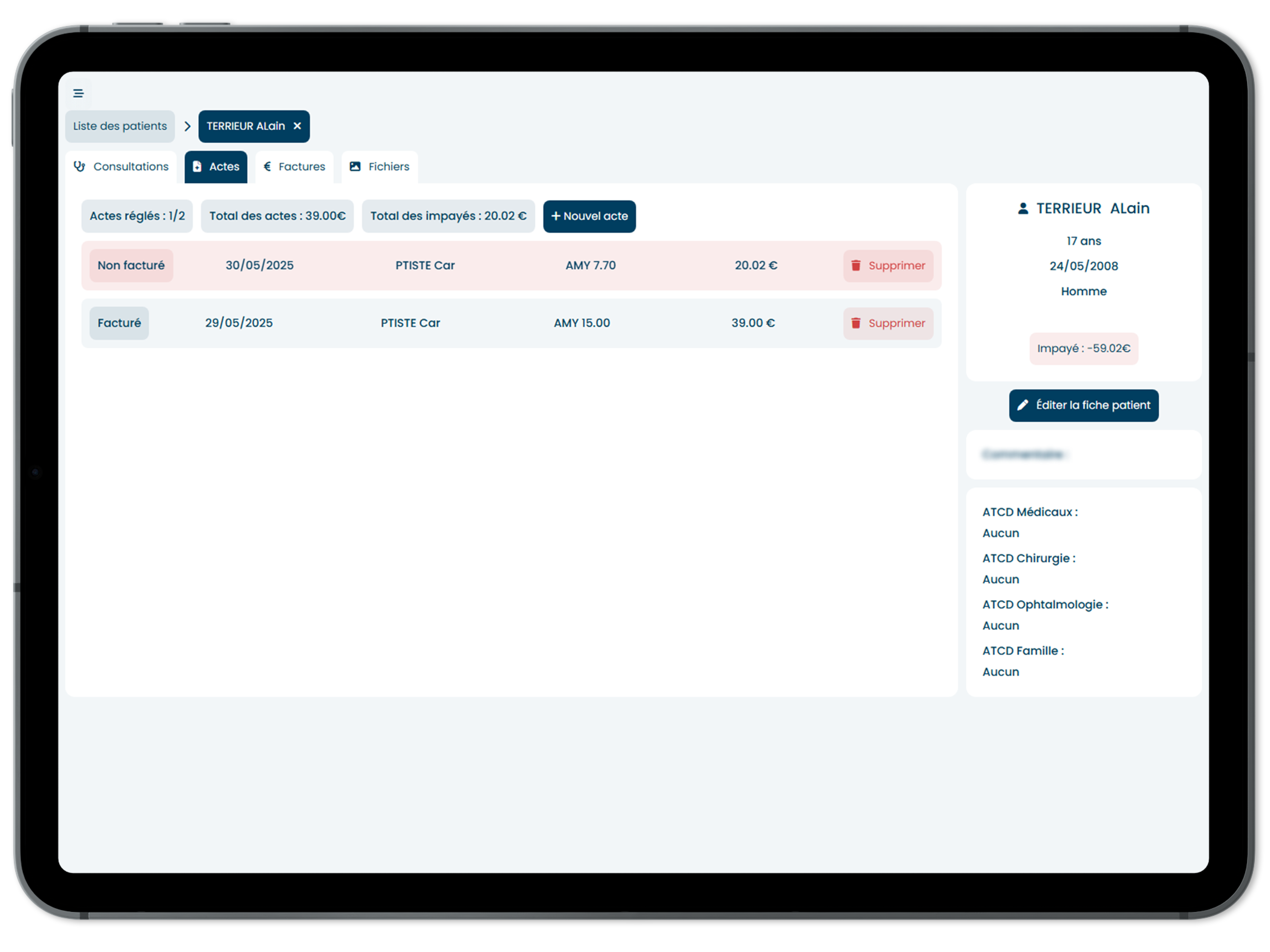 Interface de gestion des actes sur iPad