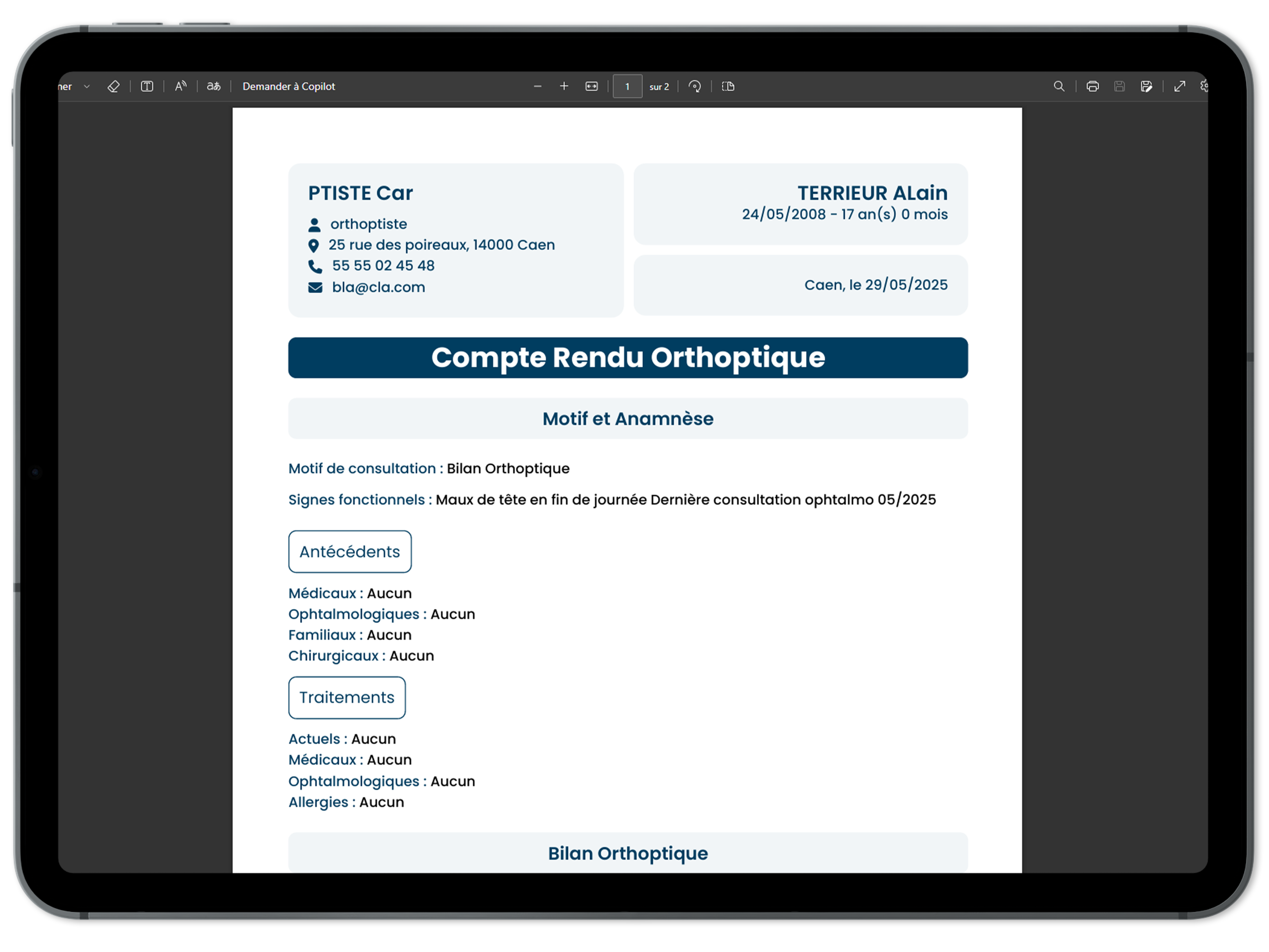 Interface de création des bilans sur Mac Display