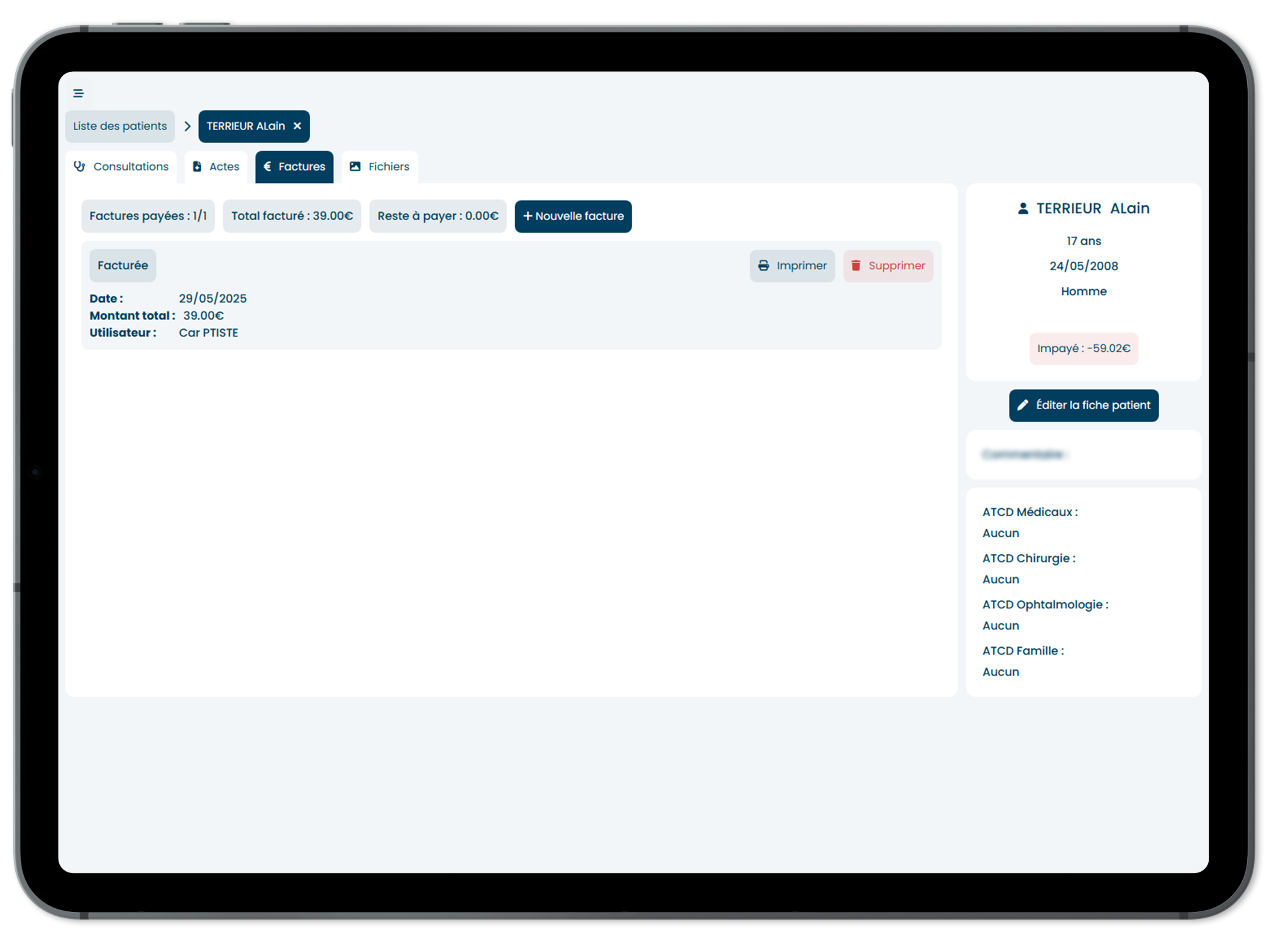 Interface de gestion des factures sur iPad