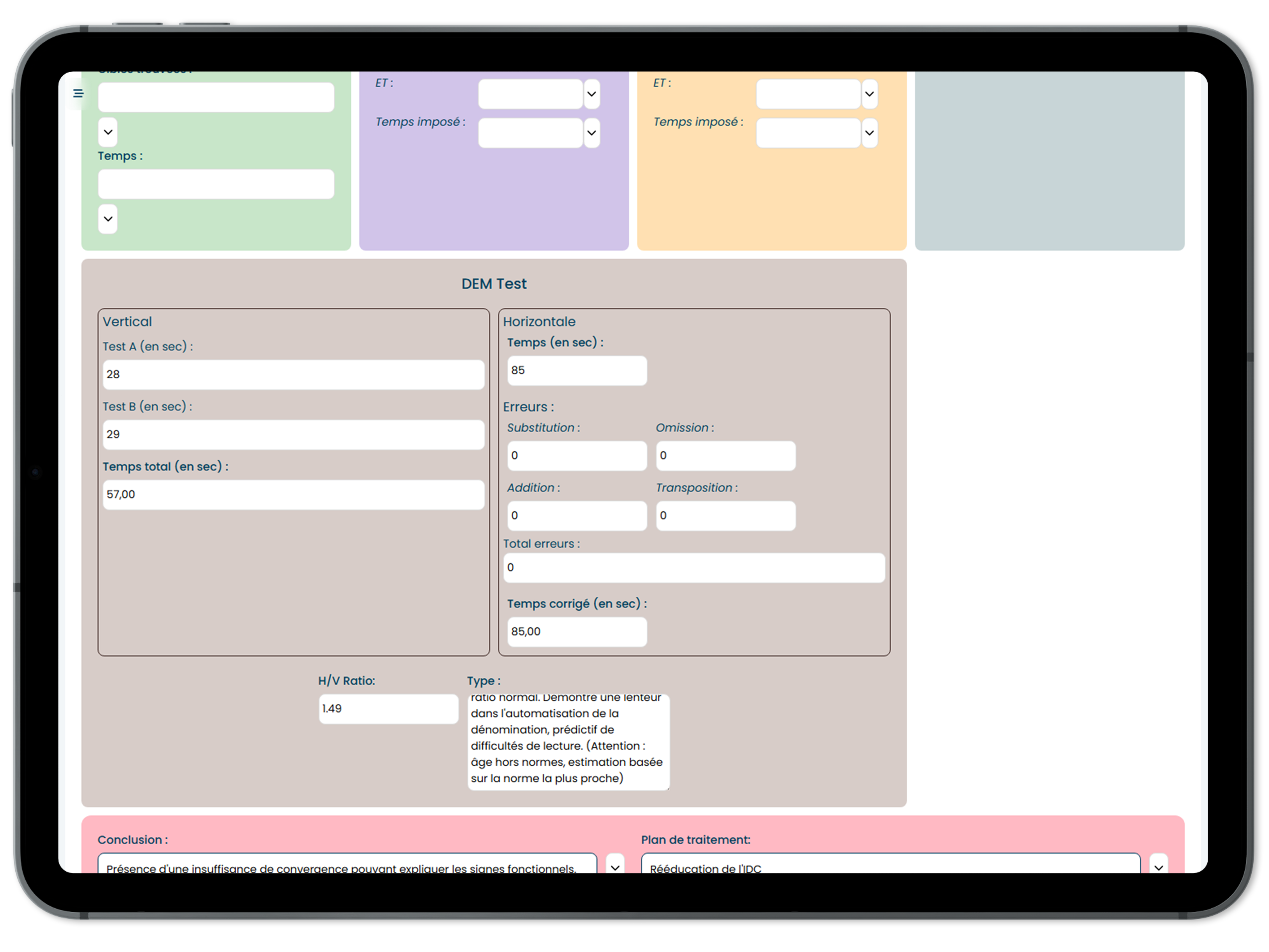 Interface des examens neurovisuels sur Mac