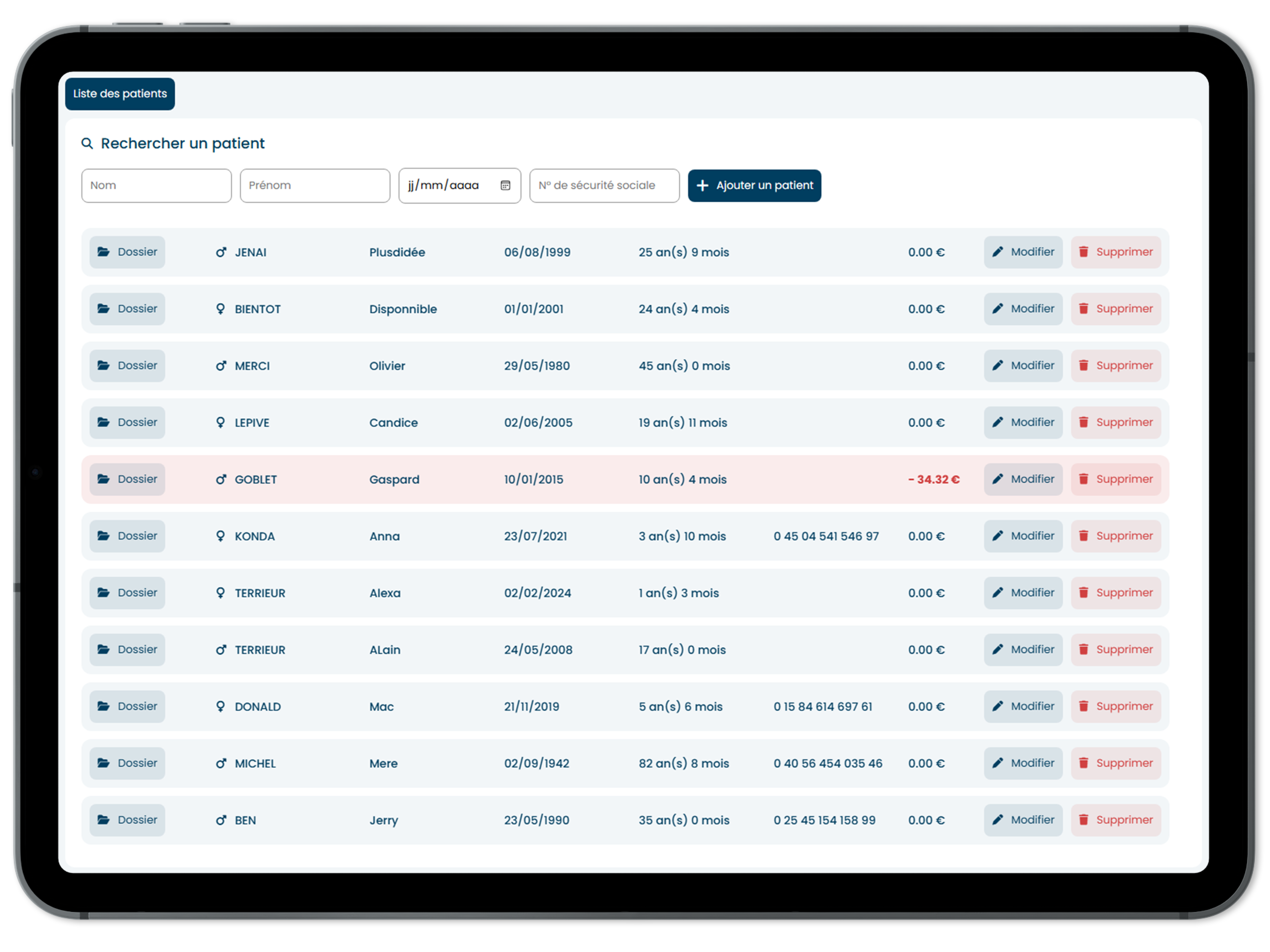 Interface de gestion des patients sur Mac Display