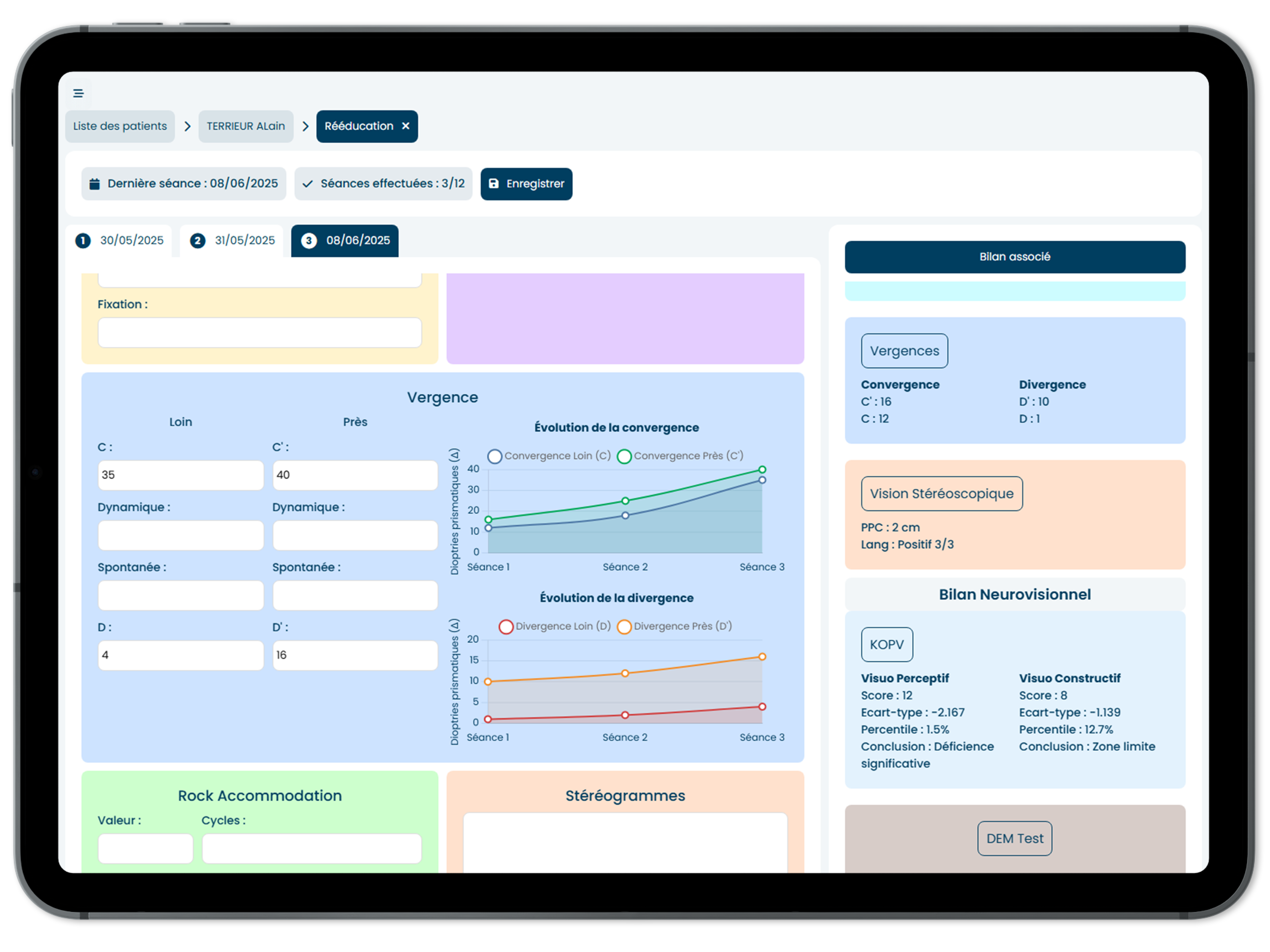 Interface de gestion des séances de rééducation sur MacBook