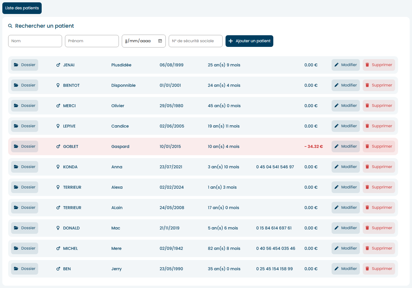 Interface de suivi des actes sur tablette